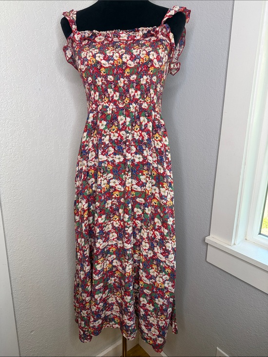 NATURAL LIFE Dresses & Skirts - Natural Life Floral Smocked Dress Ruffle Straps Red Rayon Size Med Cottagecore